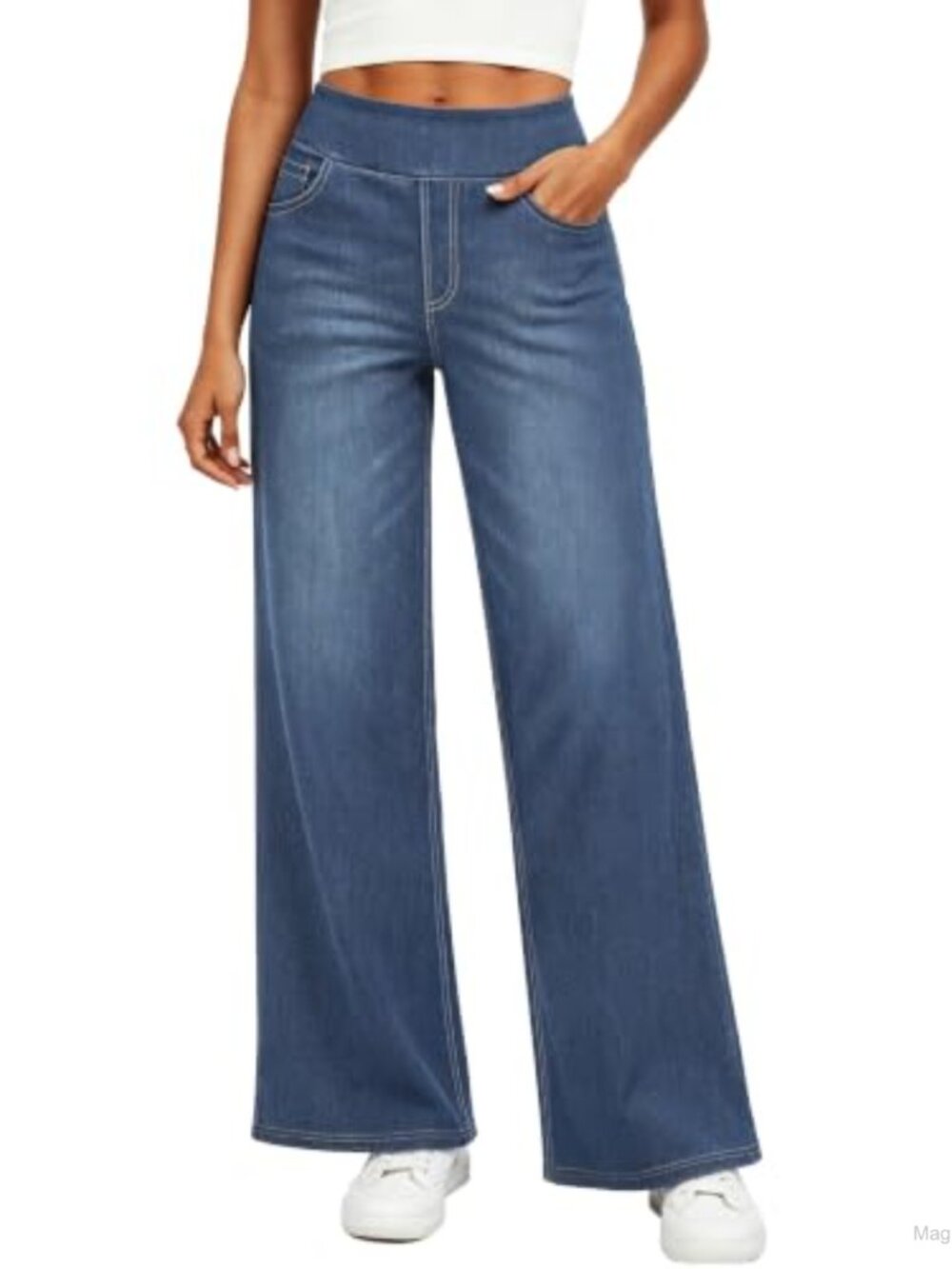 Wide Leg High Waist Pull On Stretchy Denim Jeans